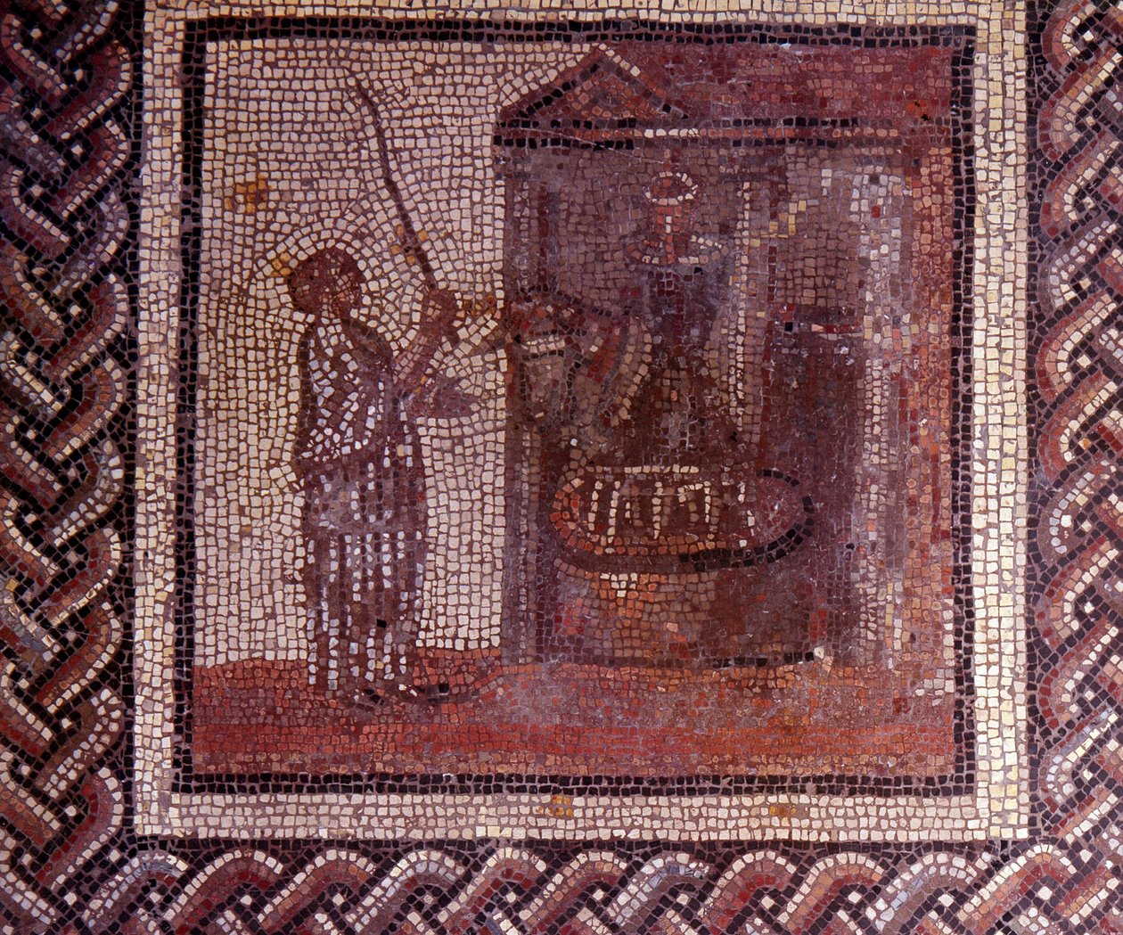 Gallorömische Kunst: Mosaikpflaster, das einen rustikalen Kalender darstellt. Die Arbeit mit dem Schleifstein. Ende 2. Anfang 3. Jahrhundert nach Christus. Aus Saint-Romain-en-Gal (Rhône). Saint Germain en Laye, Nationalmuseum für Archäologie von Gallo Roman