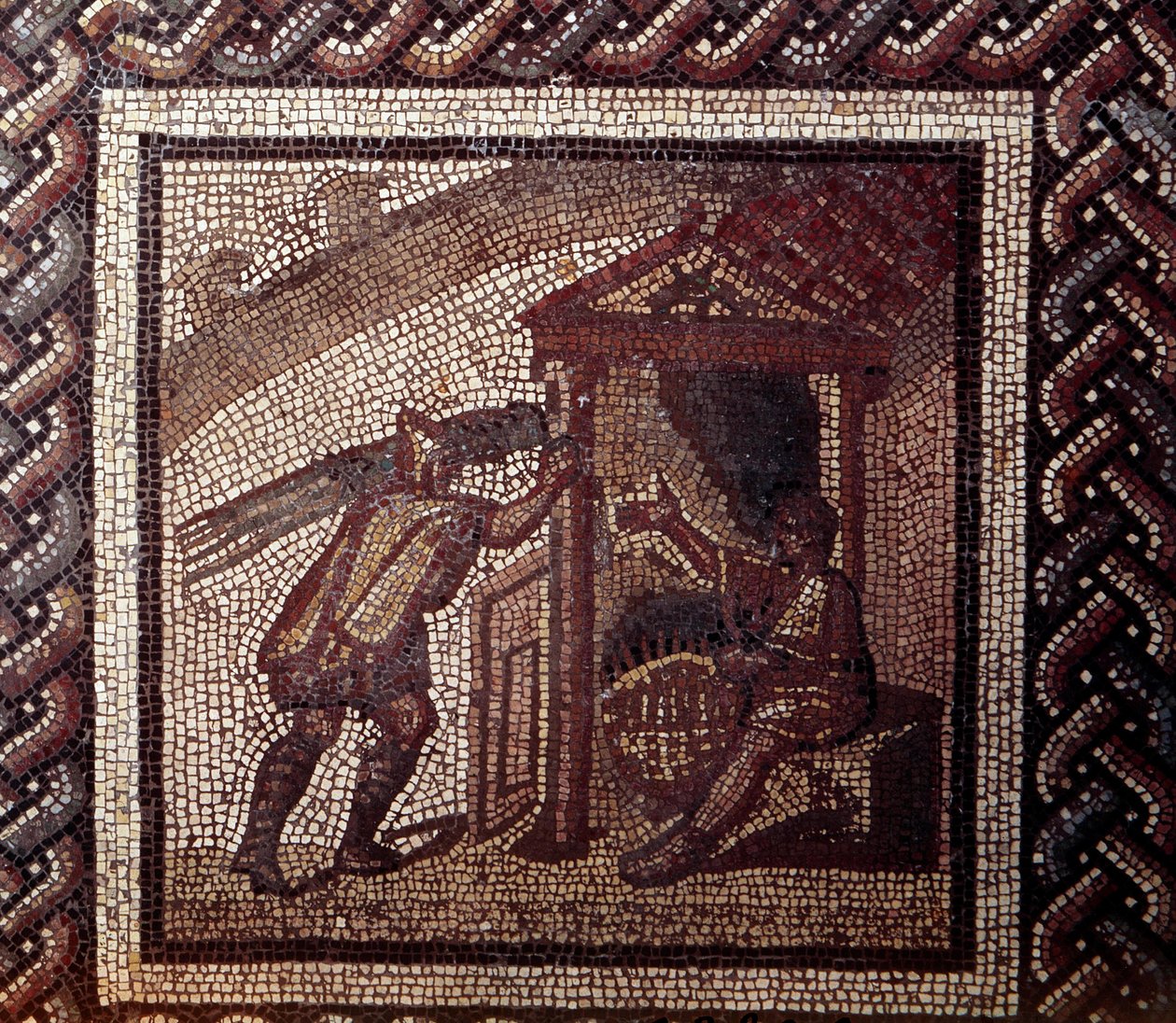 Gallorömische Kunst: Mosaikpflaster, das einen rustikalen Kalender darstellt. Korbflechterei und Flechten von Körben. Ende 2. Anfang 3. Jahrhundert nach Christus. Aus Saint-Romain-en-Gal (Rhône). Saint Germain en Laye, Nationalmuseum für Archäologie von Gallo Roman