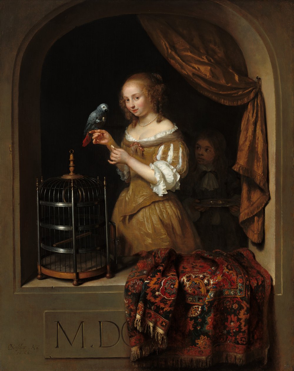Eine Frau füttert einen Papagei, mit einem Pagen, 1666 von Gaspar Netscher