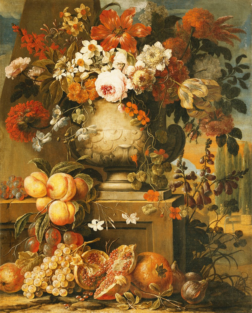 Blumen in Urnen auf Sockeln mit Früchten von Gaspar Pieter II Verbruggen