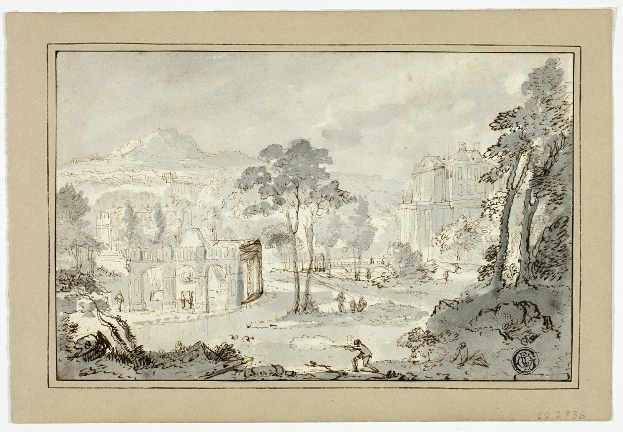 Jäger mit Hund, andere Figuren in Landschaft mit Villa, Kanal, Pyramide von Gaspar van Wittel