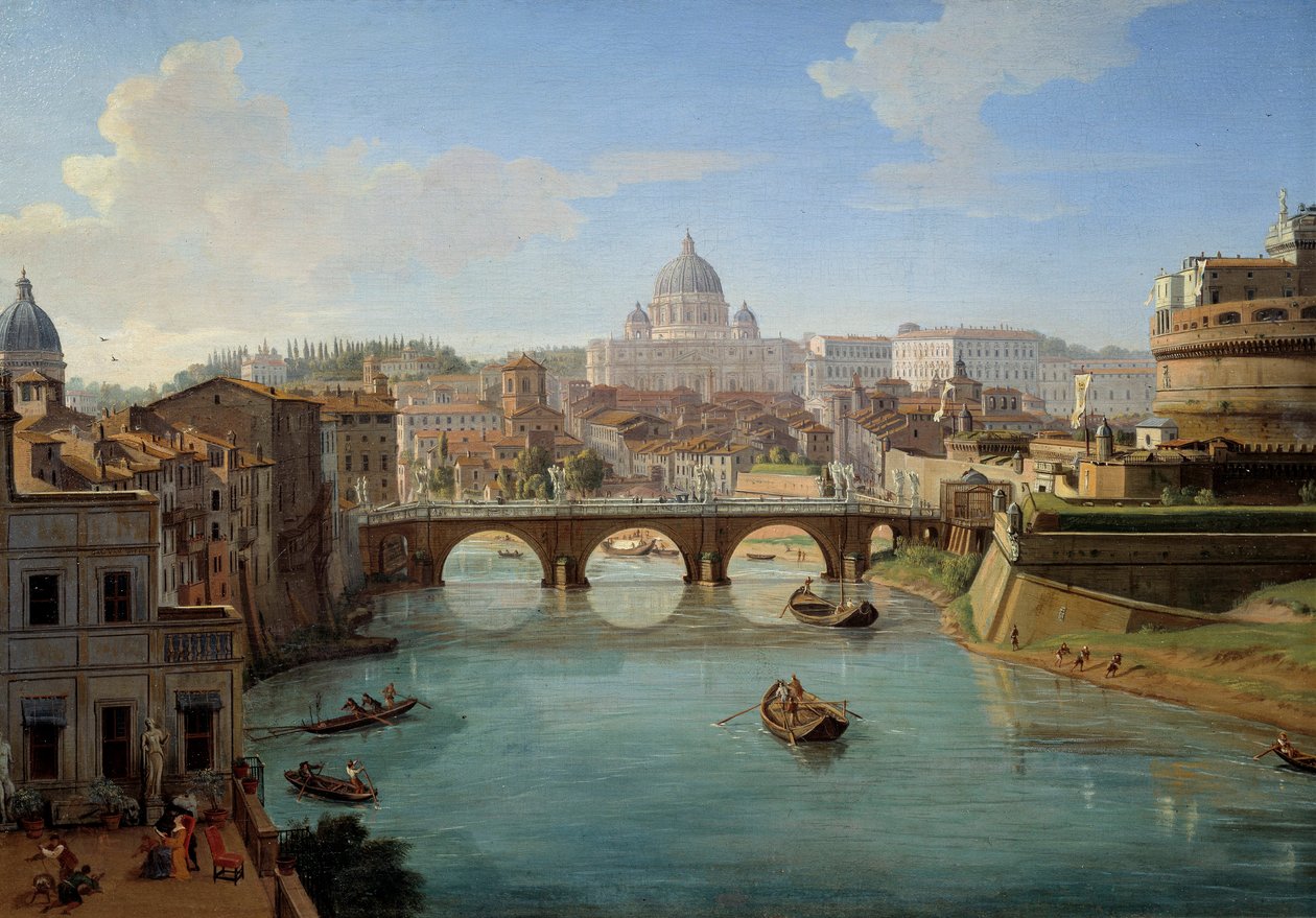 Ansicht der Basilika St. Peter in Rom, Detail des Gemäldes "Ansicht der Engelsburg in Rom" Panorama der Stadt, des Tiber und der Engelsburg, Mausoleum des Kaisers Hadrian, Gemälde von Gaspare Vanvitelli von Gaspar van Wittel