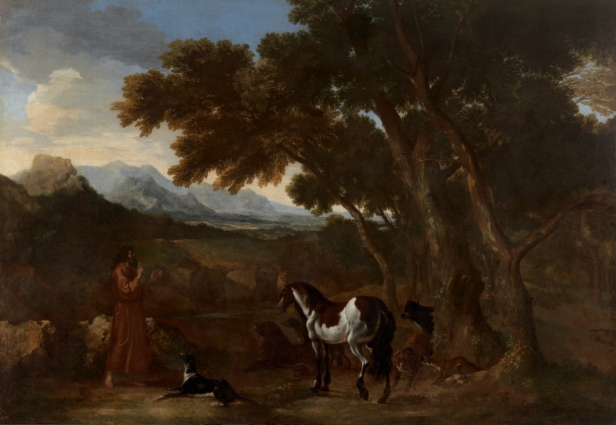 Landschaft mit einem Einsiedler, der Tieren predigt, 1637 - 1638 von Gaspard Dughet