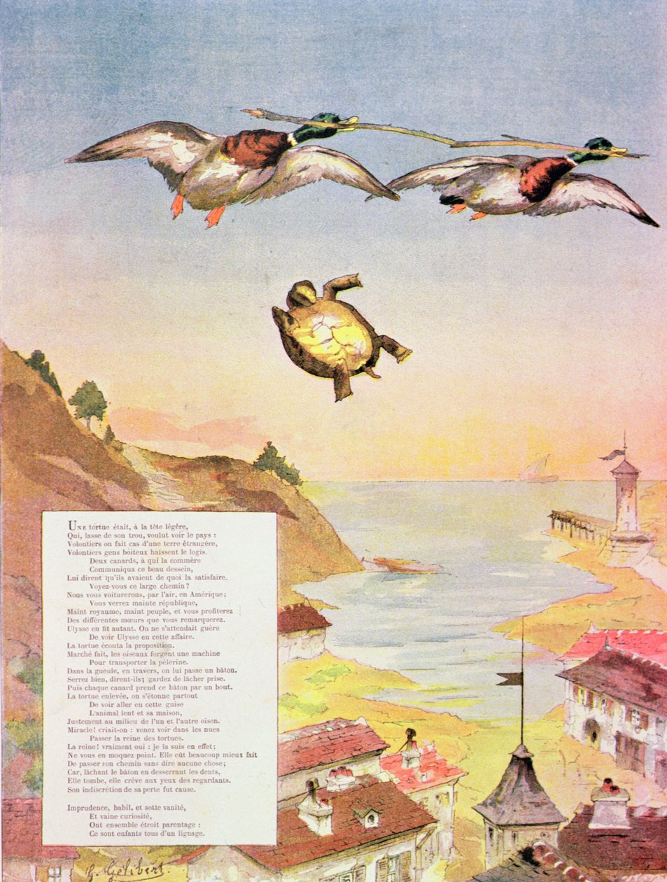 Die Schildkröte und die zwei Enten, aus Fabeln von Jean de La Fontaine (1888) von Gaston Gelibert