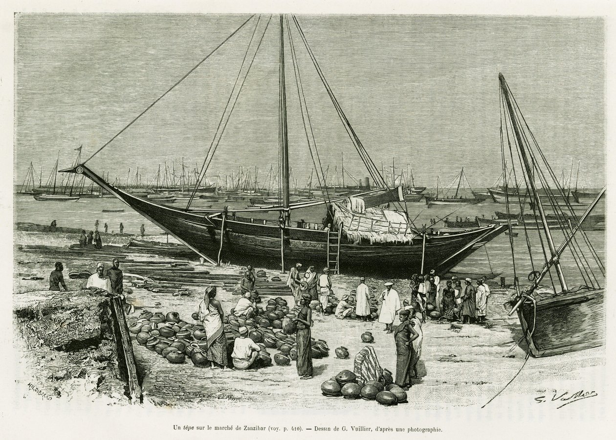 Ein Tepe auf dem Markt von Sansibar (Tansania). Gravur von G. Vuillier zur Illustration der Geschichte „Reise bei den Benadirs, Somalis und Bayouns“ von G. Revoil, veröffentlicht in Le Tour du monde 1888 von Gaston Vuillier