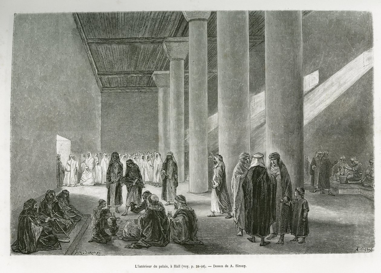 Im Inneren des Palastes von Emir Muhammad Ibn Abdullah Al Rashid (1872-1897), in Hail, Saudi-Arabien. Gravur von G. Vuillier, zur Illustration der Geschichte „Pilgerfahrt nach Nedjed, Wiege der arabischen Rasse“, von Lady Anna Blunt, 1878-1879, veröffentli von Gaston Vuillier