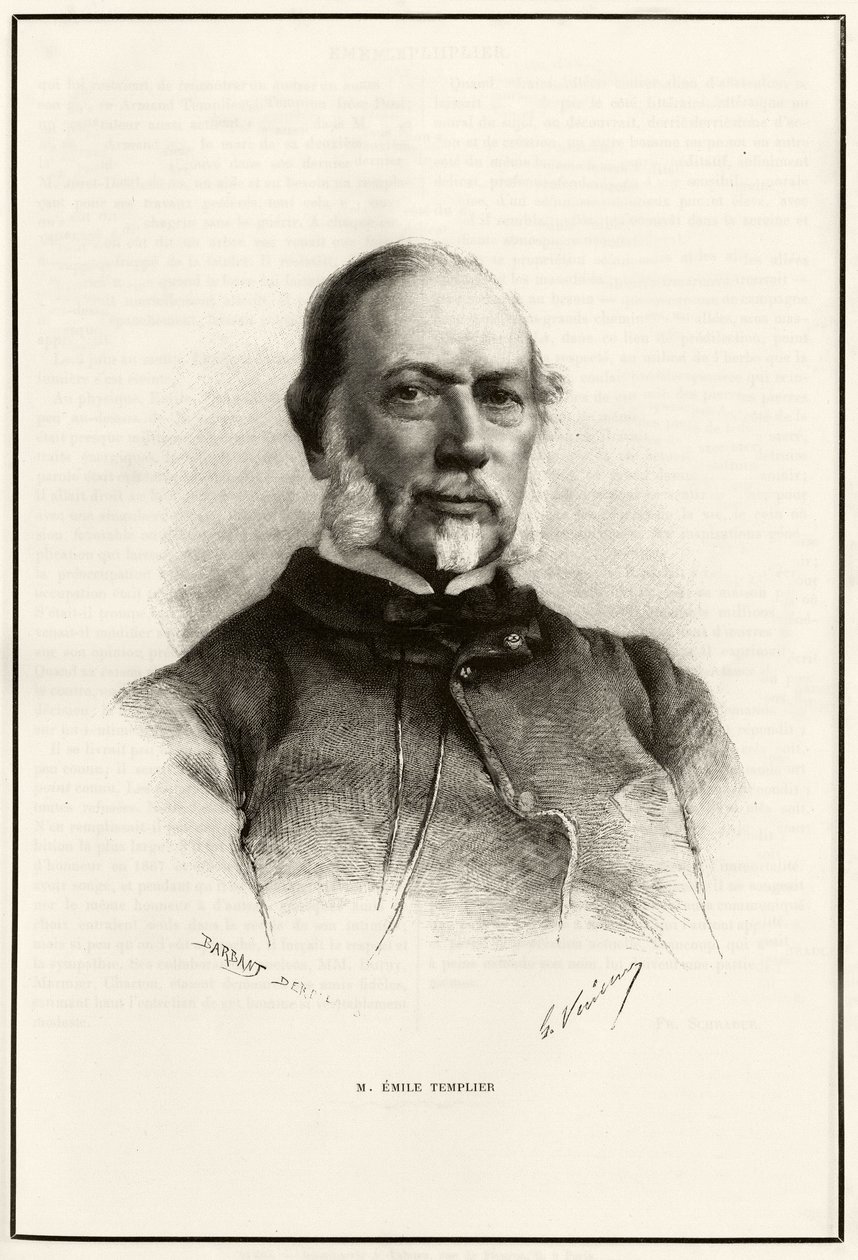Porträt von Emile Templier (1821-1891), Mitarbeiter von Louis Hachette (1800-1864), verantwortlich für die Herstellung des „Tour du monde“. Gravur von G. Vuillier, zur Illustration der Geschichte „Von Paris nach Tonkin, durch das unbekannte Tibet“ von Gabr von Gaston Vuillier