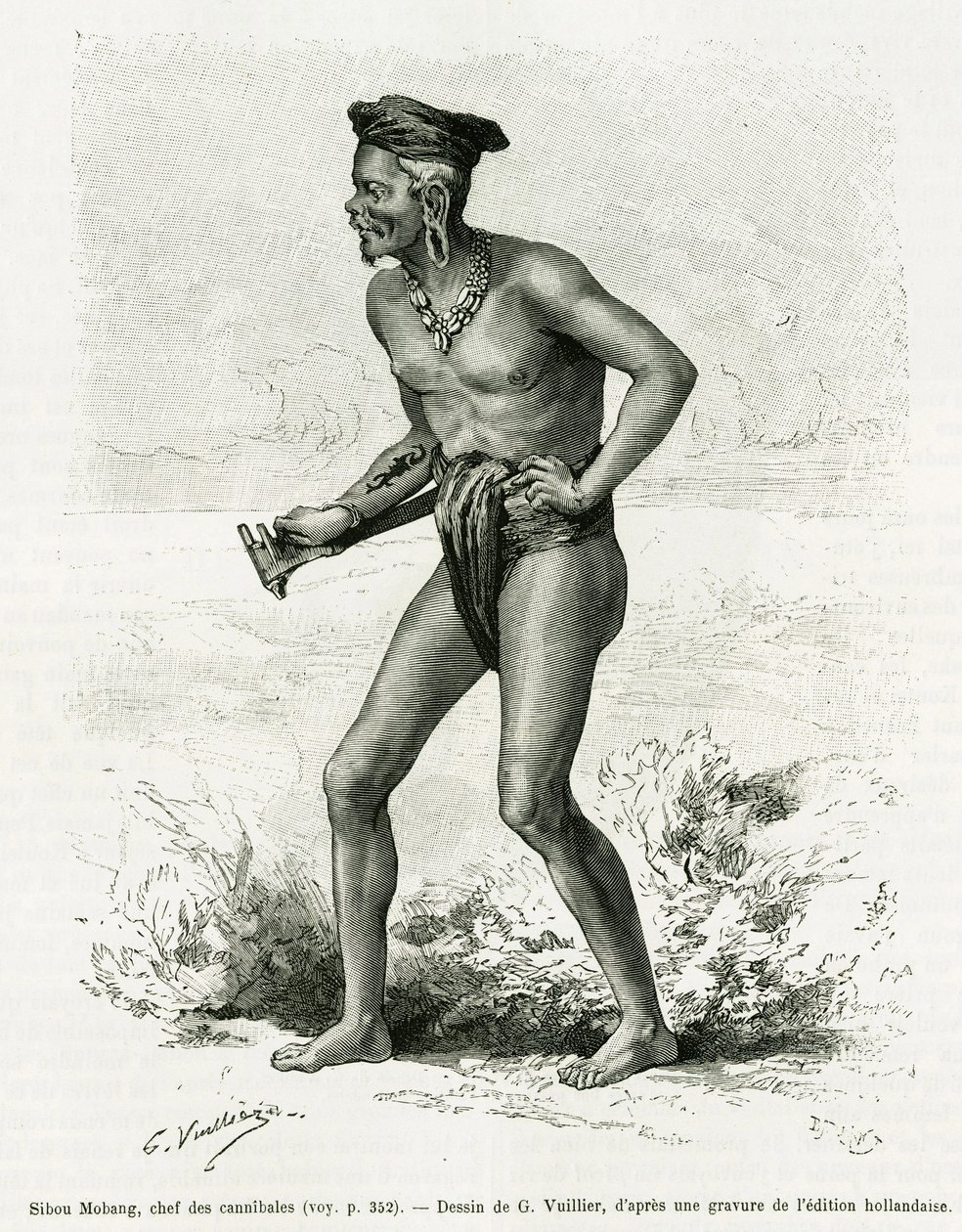 Sibou Mobang, Anführer der Kannibalen. Gravur von G. Vuillier, zur Illustration der Geschichte De Koutei à Bandjirmasin, Reise durch Borneo, von Carl Bock, in Le tour du monde 1890, unter der Leitung von Edouard Charton (1807-1890), Hachette, Paris von Gaston Vuillier