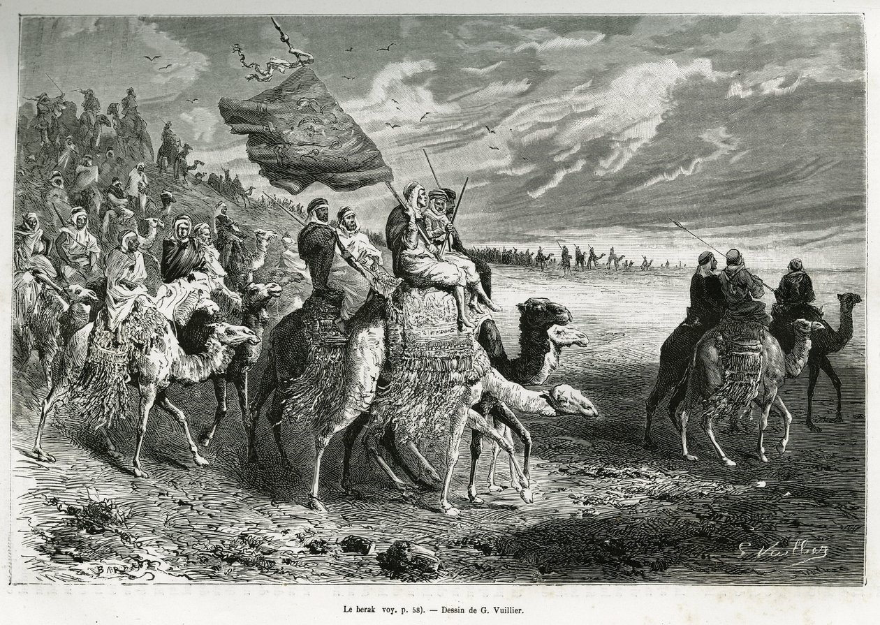 Der Berak, die Flagge von Emir Ibn Al Rashid (1872-1890) (Saudi-Arabien). Gravur von G. Vuillier, um die Geschichte „Pilgerfahrt nach Nedjed, Wiege der arabischen Rasse“ zu illustrieren, von Lady Anna Blunt, in 1878-1879, veröffentlicht in Le tour du monde von Gaston Vuillier
