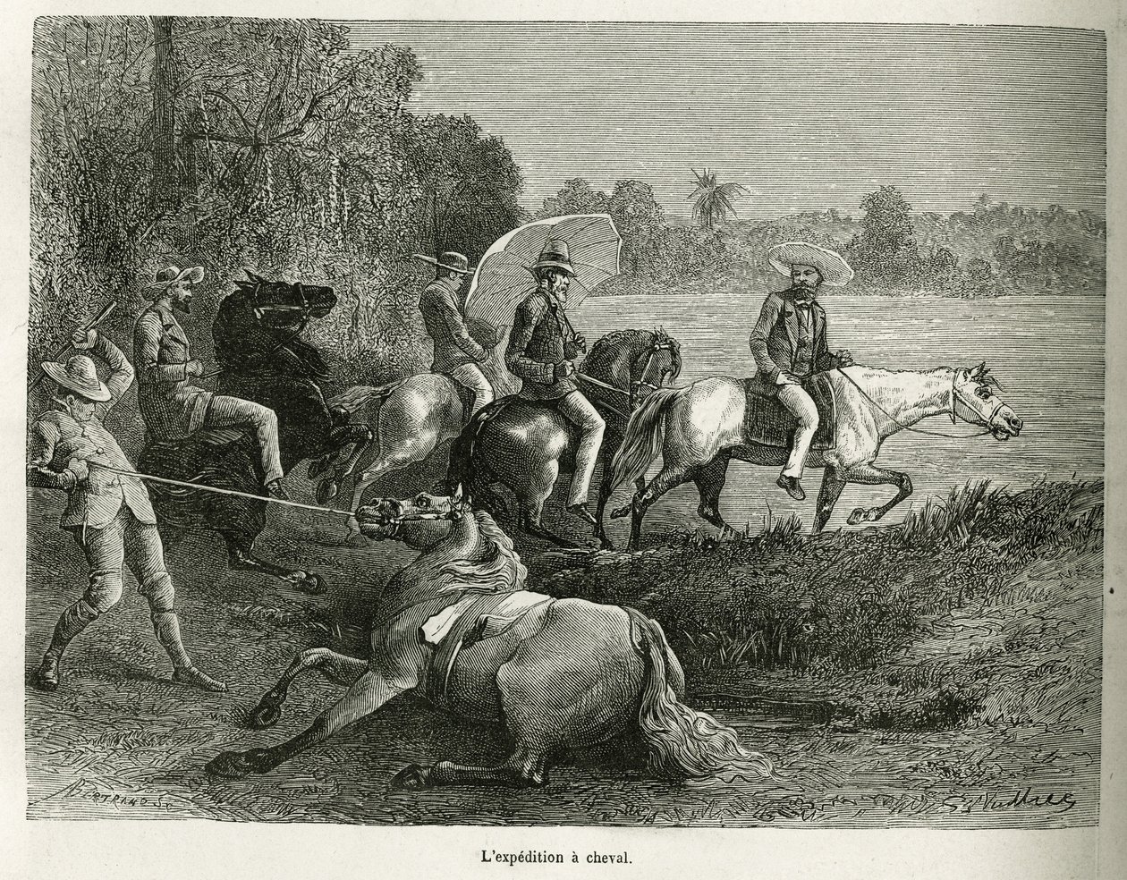 Die Expedition zu Pferd zur Erkundung des Teralbe-Tals, Gravur nach einer Zeichnung von G. Vuillier, um die Geschichte De Cayenne aux Andes von Jules Crevaux, Arzt der französischen Marine, in 1878-1879 zu illustrieren, veröffentlicht in der Tour du monde von Gaston Vuillier