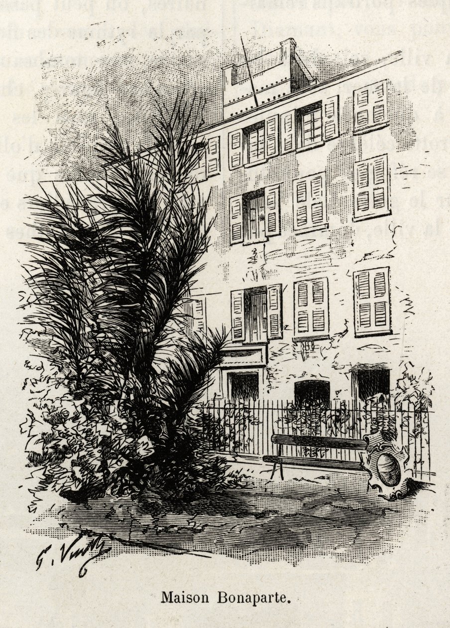 Die Fassade des Hauses Bonaparte, in dem Napoleon Bonaparte (1769-1821) nicht ist. Gravur und Geschichte 