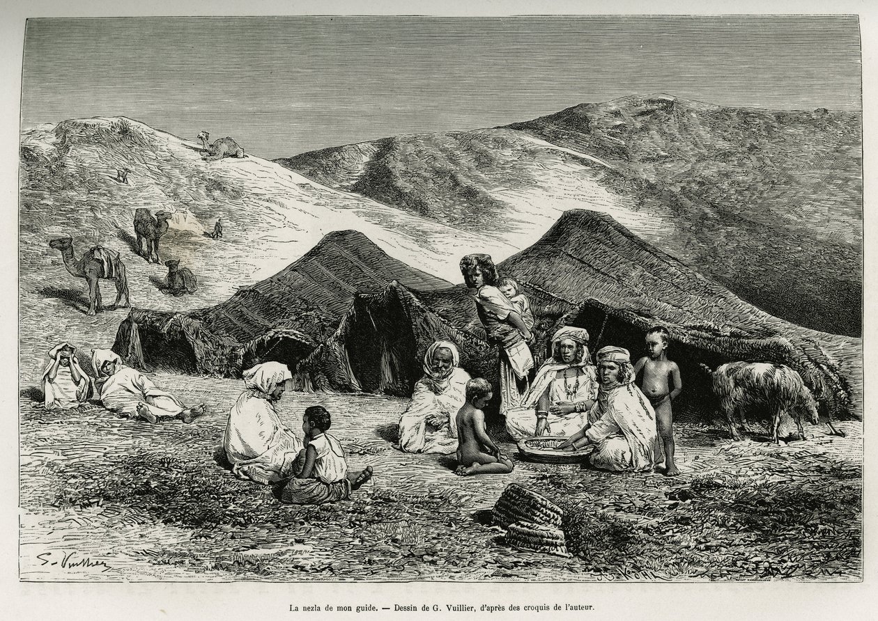 Die Nezla (Verwandte) meines Führers. Gravur von G. Vuillier, zur Illustration der Algerischen Sahara von V. Largeau, 1874-1878, veröffentlicht in Le tour du monde, unter der Leitung von Edouard Charton (1807-1890) von Gaston Vuillier