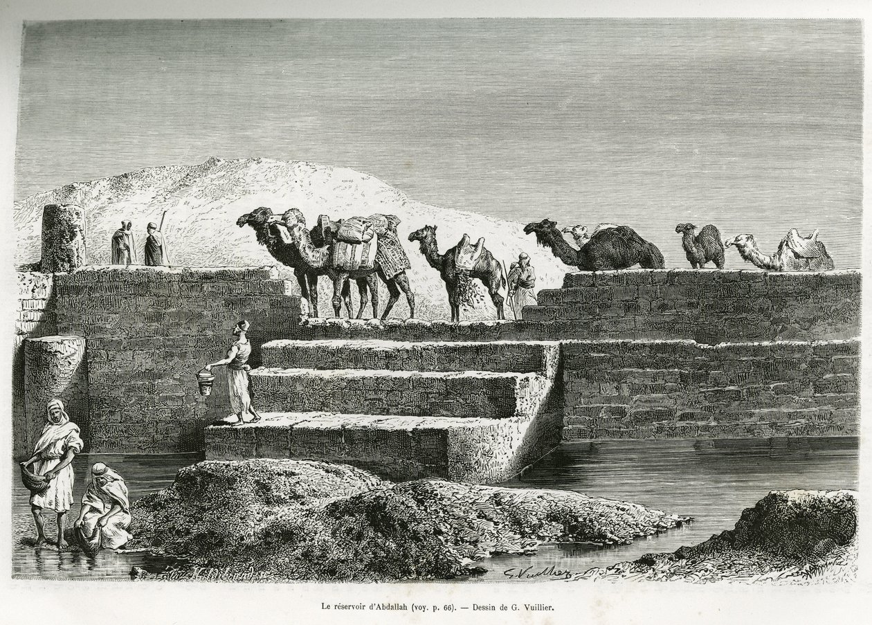 Das Reservoir von Abdallah (Saudi-Arabien). Gravur von G. Vuillier, zur Illustration der Geschichte „Pilgerfahrt nach Nedjed, Wiege der arabischen Rasse“, von Lady Anna Blunt, 1878-1879, veröffentlicht in Le tour du monde, unter der Leitung von Edouard Cha von Gaston Vuillier