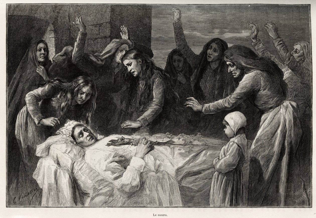 Der Vocero, korsisches Trauerlied, das zur Rache aufruft. Gravur und Geschichte „Korsika“ von Gaston Vuillier (1845-1915), veröffentlicht in Le Tour du monde 1890 von Gaston Vuillier