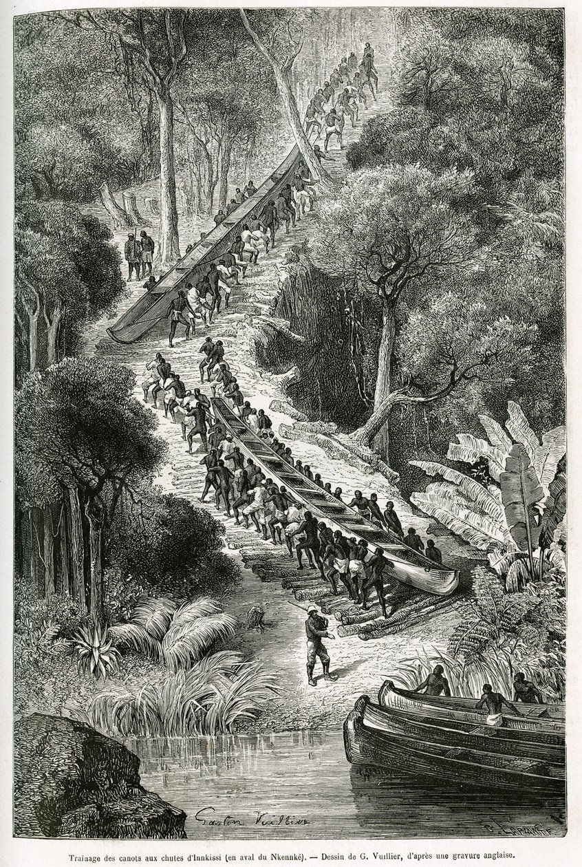 Das Ziehen von Kanus an den Innkissi-Fällen (oder Livingstone-Fällen) (Kongo), unter der Leitung von Sir H.M. Stanley (1841-1904), Zeichnung von G. Vuillier, um die Geschichte „Durch den geheimnisvollen Kontinent“ zu illustrieren, eine Reise, die zwischen  von Gaston Vuillier