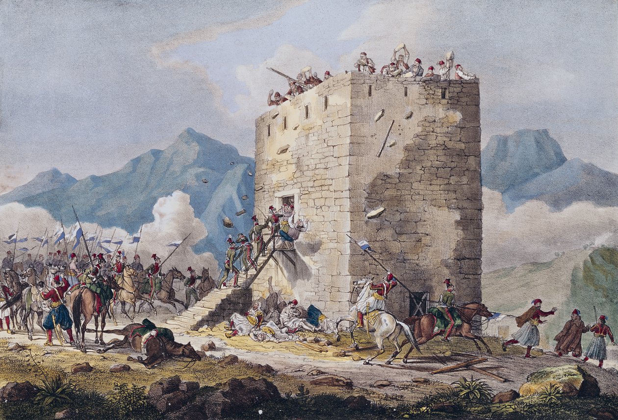 Der Widerstand von vierzig griechischen Rebellen in einem Turm in Theben im Jahr 1833 von Georg Melchior Kraus