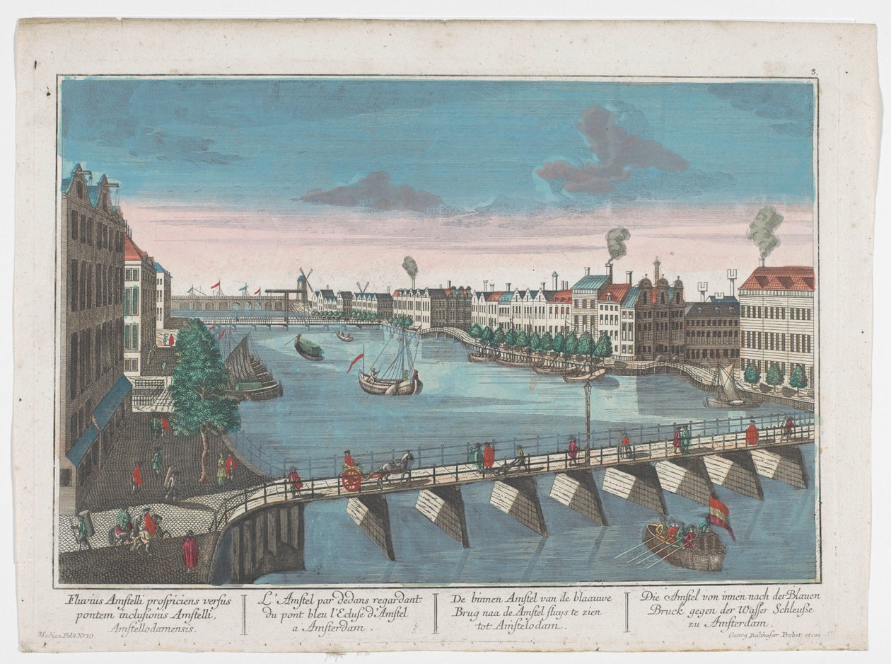 Ansicht der Binnen-Amstel zwischen der Blauwbrug und der Hogesluis in Amsterdam von Georg Balthasar Probst