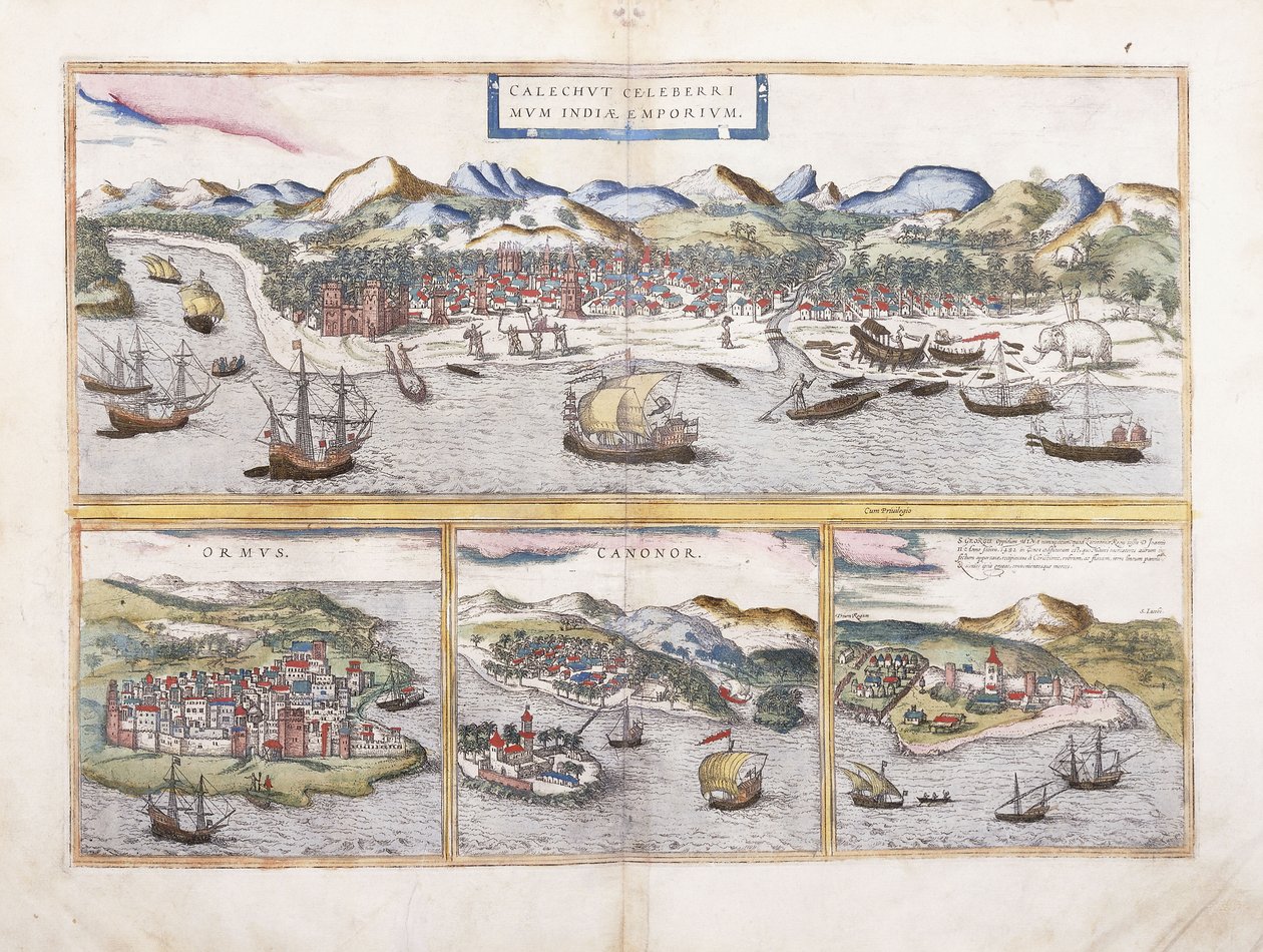 Ansicht von Kalkutta, Indien, und darunter kleinere Ansichten von Ormuz am Eingang des Persischen Golfs, Canonor in Indien und der portugiesischen Festung El Mina in Westafrika, 1572 von Georg Braun