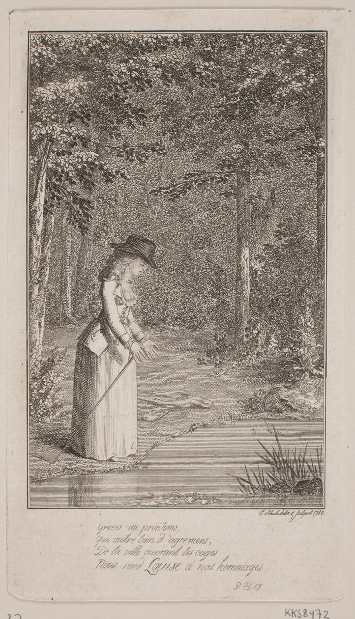 Eine junge Dame steht in einem Wald am Wasserufer von Georg Christian Schule