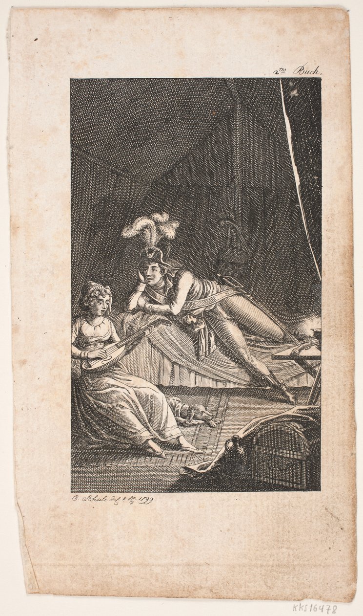 Illustration mit einer Dame, die Laute für einen Herrn in einem Zelt spielt von Georg Christian Schule
