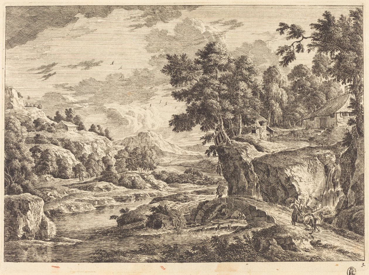 Landschaft mit Brücke und drei Bauernhäusern von Georg Eisenmann