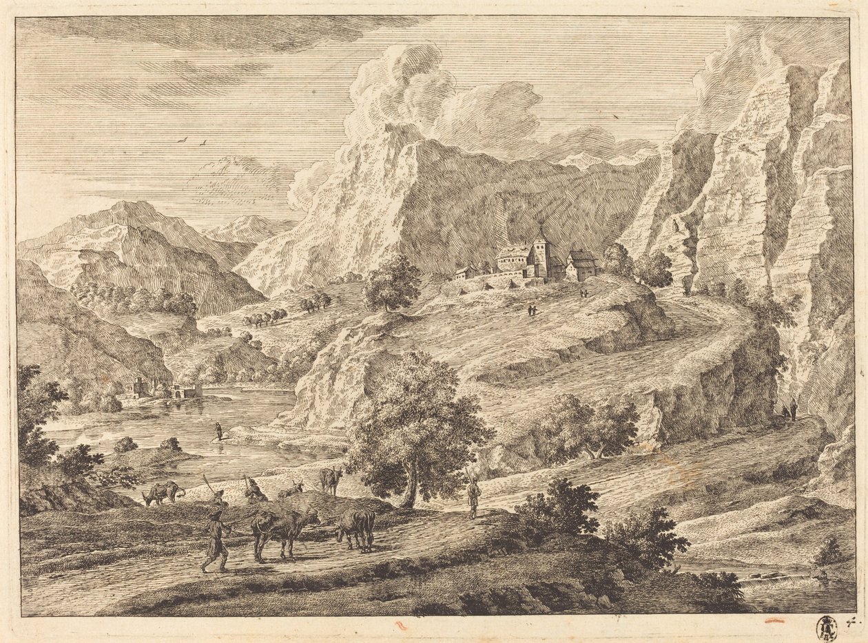 Gebirgige Landschaft mit Figuren und einem Kloster von Georg Eisenmann