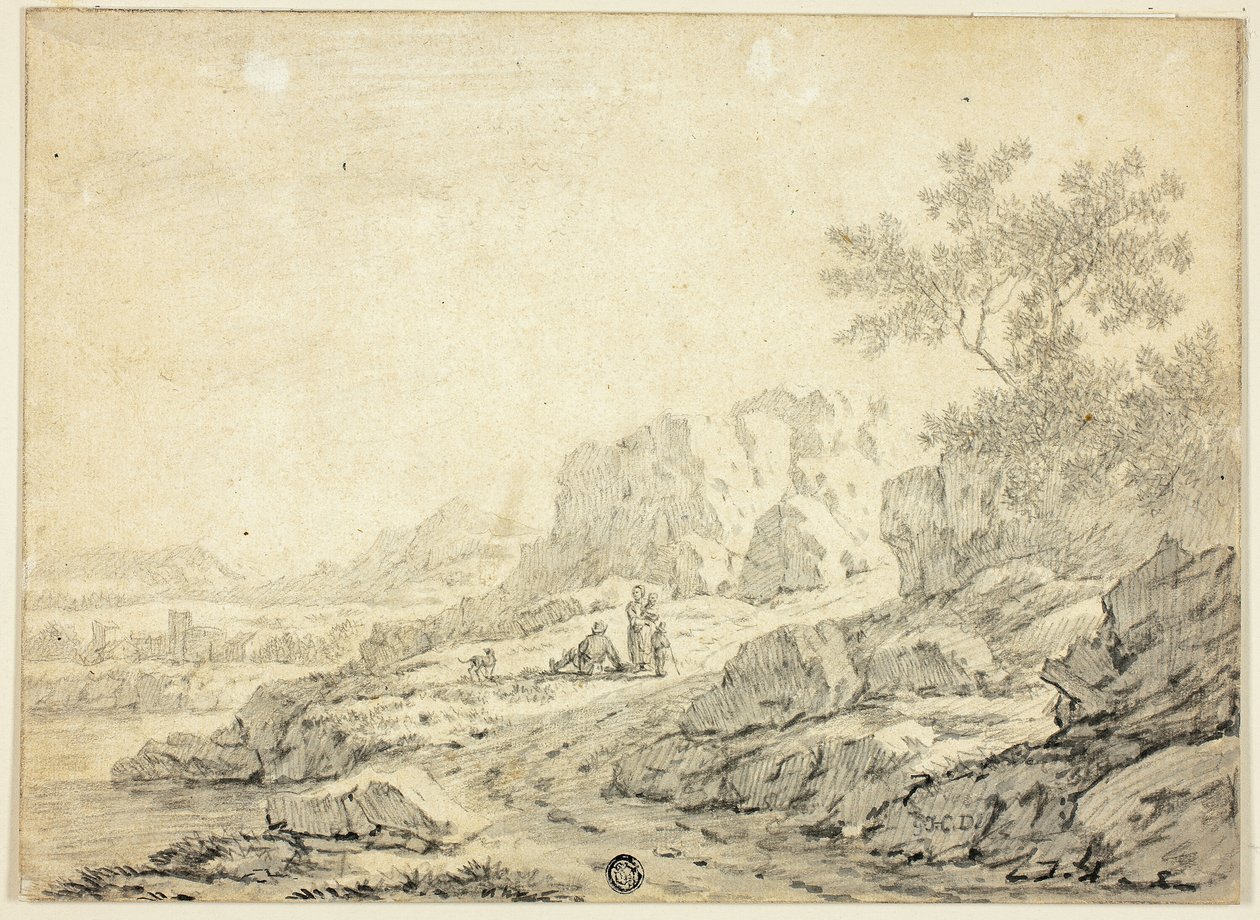 Felsige Landschaft mit Figuren und Hund auf dem Pfad von Georg Friedrich Dietzsch