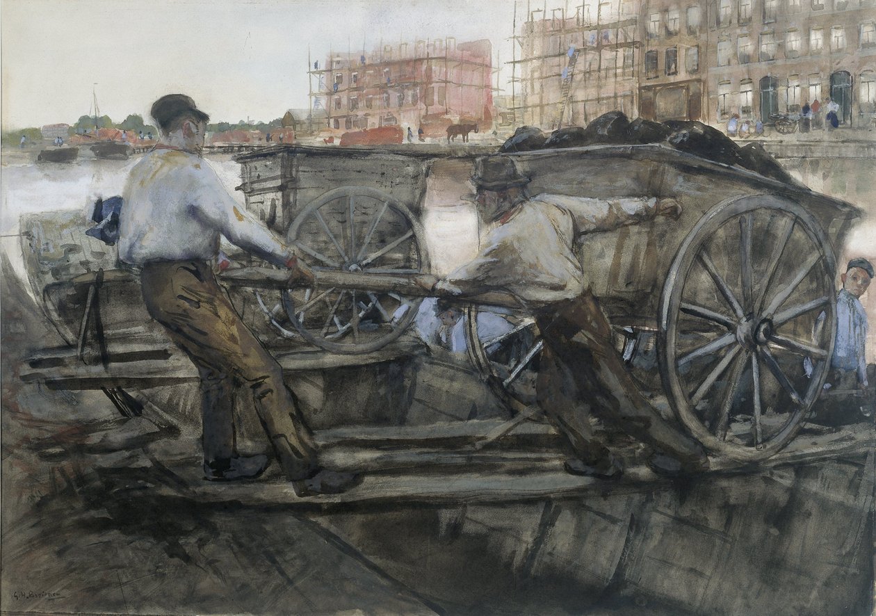 Arbeiter ziehen einen schwer beladenen Wagen auf der Jacob van Lennepkade, Amsterdam, 1900 von George Hendrik Breitner