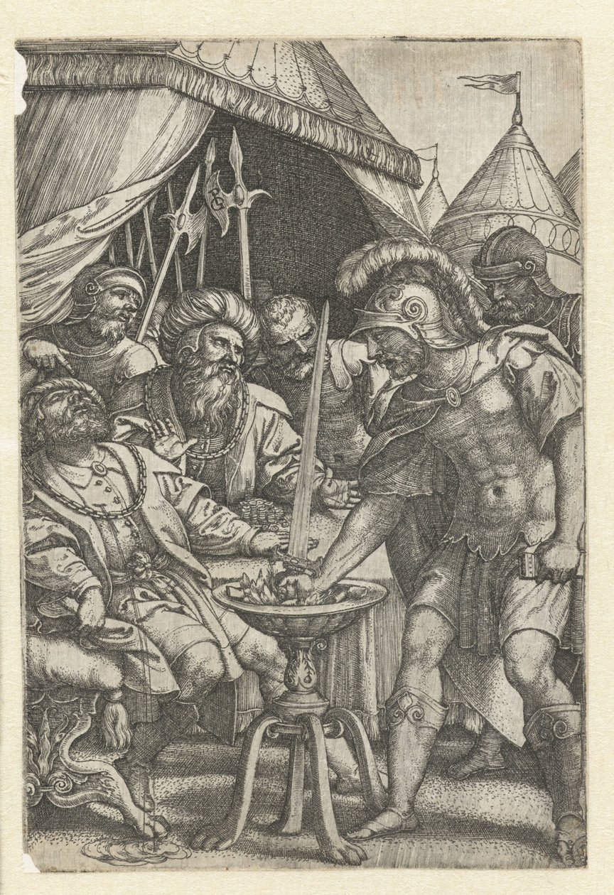 Mucius Scaevola steckt seine rechte Hand ins Feuer (Römische Helden) von Georg Pencz