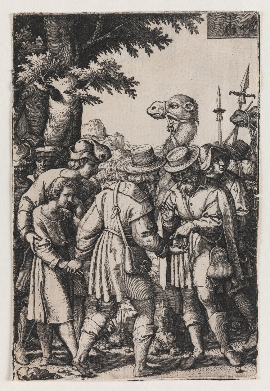 Die Geschichte von Joseph, Joseph wird von seinen Brüdern verkauft, erste Hälfte des 16. Jahrhunderts (Gravur) von Georg Pencz