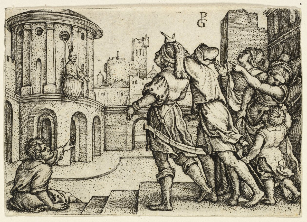 Virgil der Magier hängt im Korb von Georg Pencz