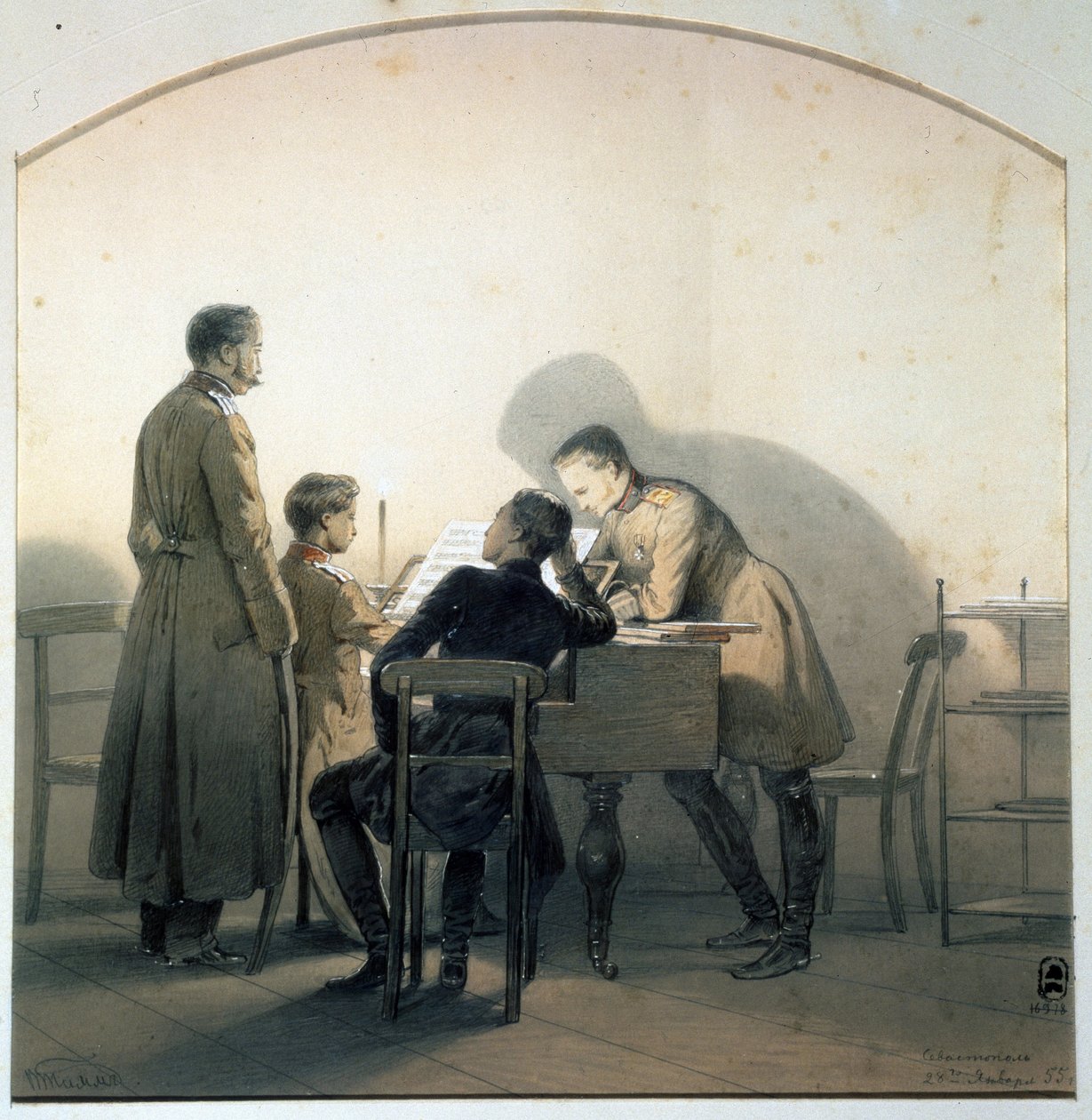 Am Klavier. Russische Soldaten spielen Klavier während des Krimkrieges von Georg Wilhelm Timm