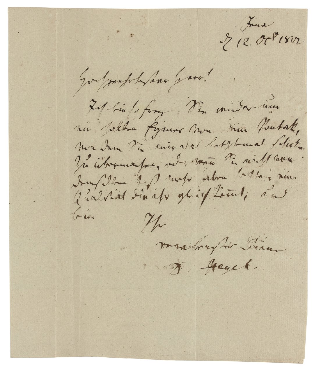 Autographenbrief an Gebrüder Ramann (Weinhändler in Erfurt), Jena von Georg Wilhelm Friedrich Hegel