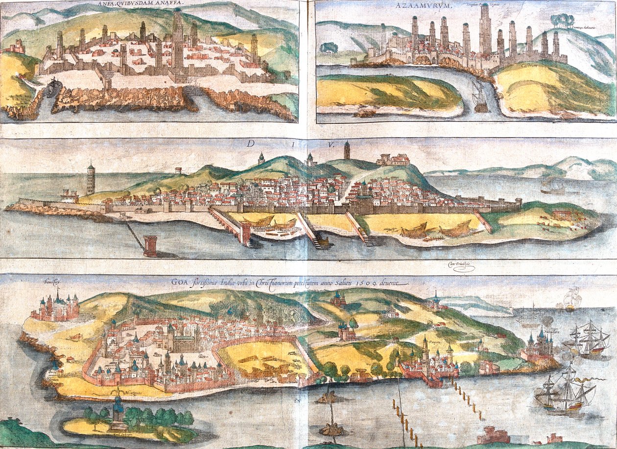 Casablanca, Azemmour, Diu, Goa, Marokko, Indien von Georg and Hogenberg Franz (1535 90) Braun