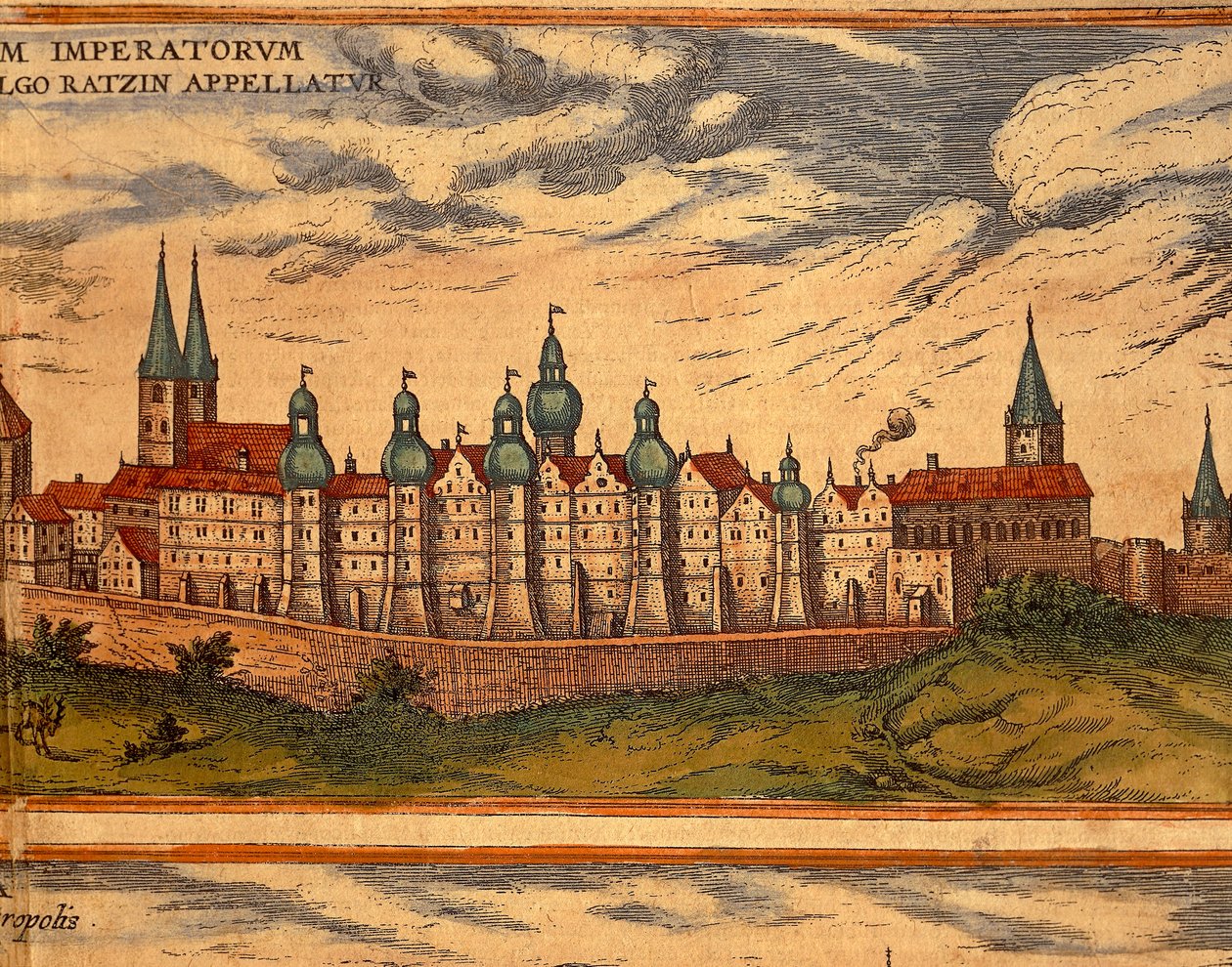 Tschechische Republik, Prag, Ansicht des Palastes, Farbstich aus Civitates Orbis Terrarum von Georg Braun und Franz Hogenberg von Georg Braun and Hogenberg Franz