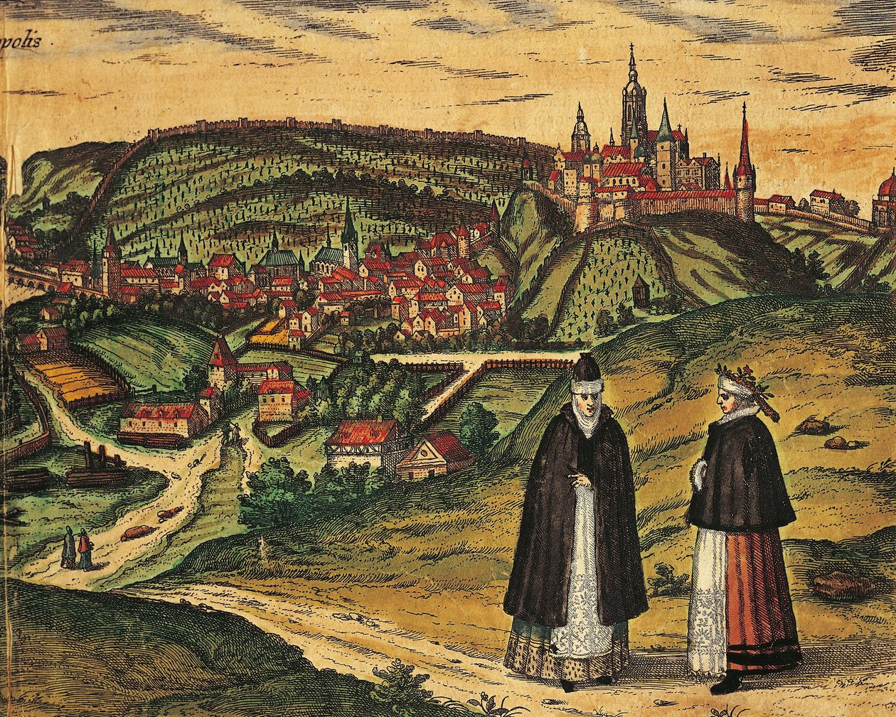 Tschechische Republik, Prag, Blick auf die Stadt mit der Zitadelle im Hintergrund, Farbgravur aus Civitates Orbis Terrarum von Georg Braun (1541-1622) und Franz Hogenberg (1535-1590) von Georg Braun and Hogenberg Franz