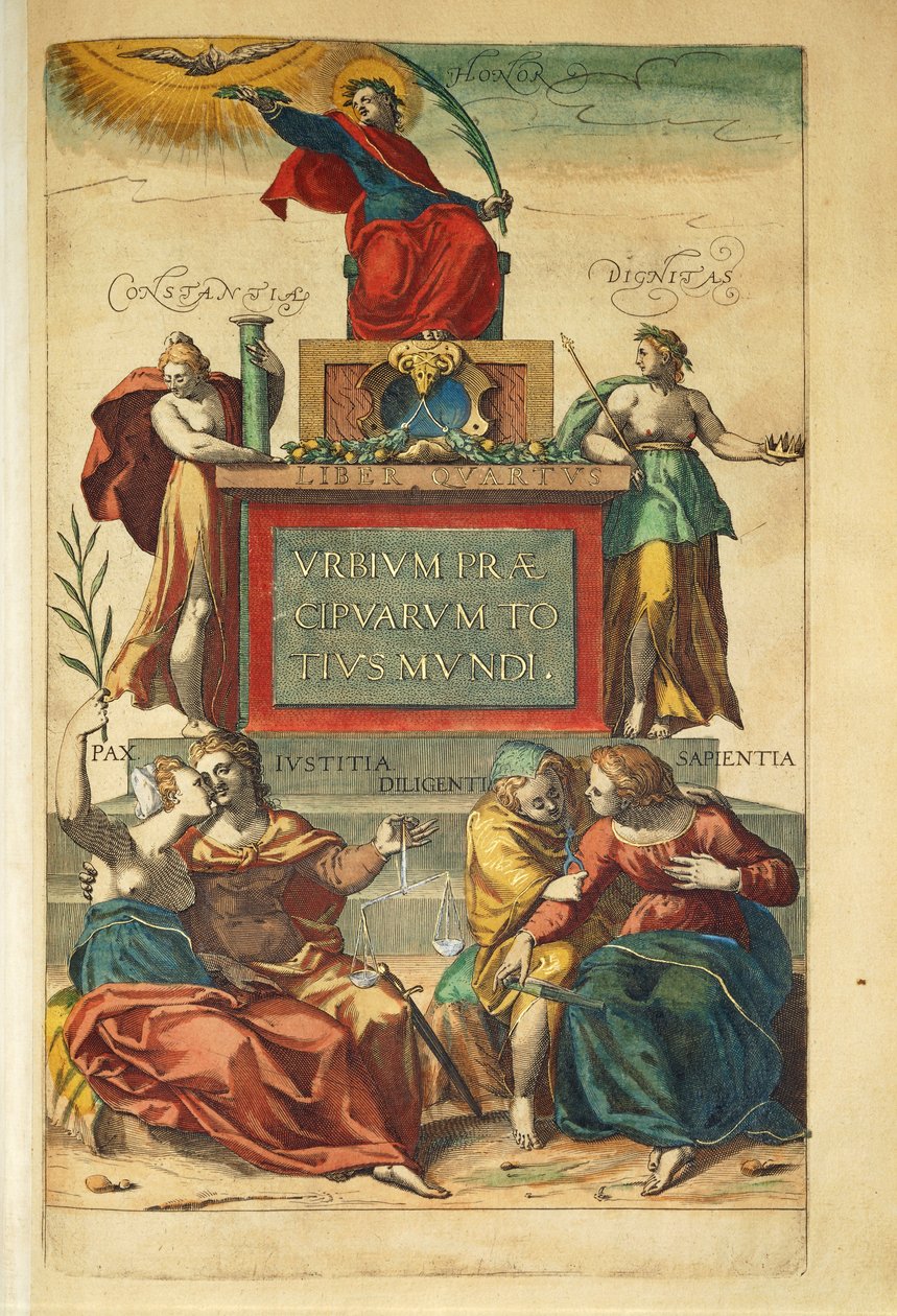 Frontispiz von Band IV mit allegorischen Figuren aus Civitates Orbis Terrarum von Georg Braun von Georg Braun and Hogenberg Franz
