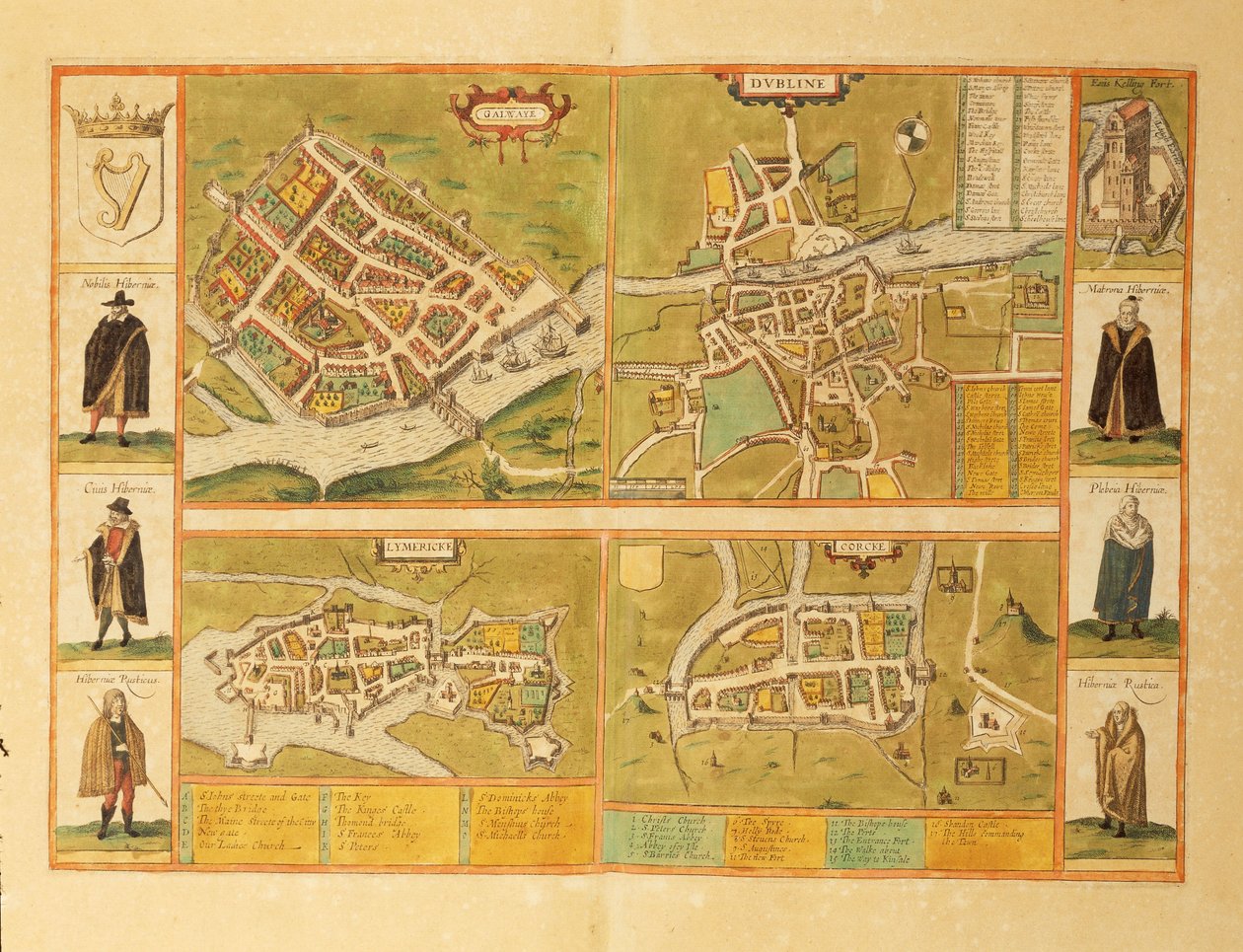 Karte von Galway, Dublin, Limerick und Cork aus Civitates Orbis Terrarum von Georg Braun and Hogenberg Franz