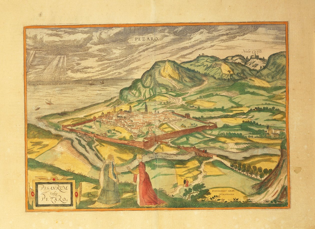 Karte von Pesaro aus Civitates Orbis Terrarum von Georg Braun and Hogenberg Franz