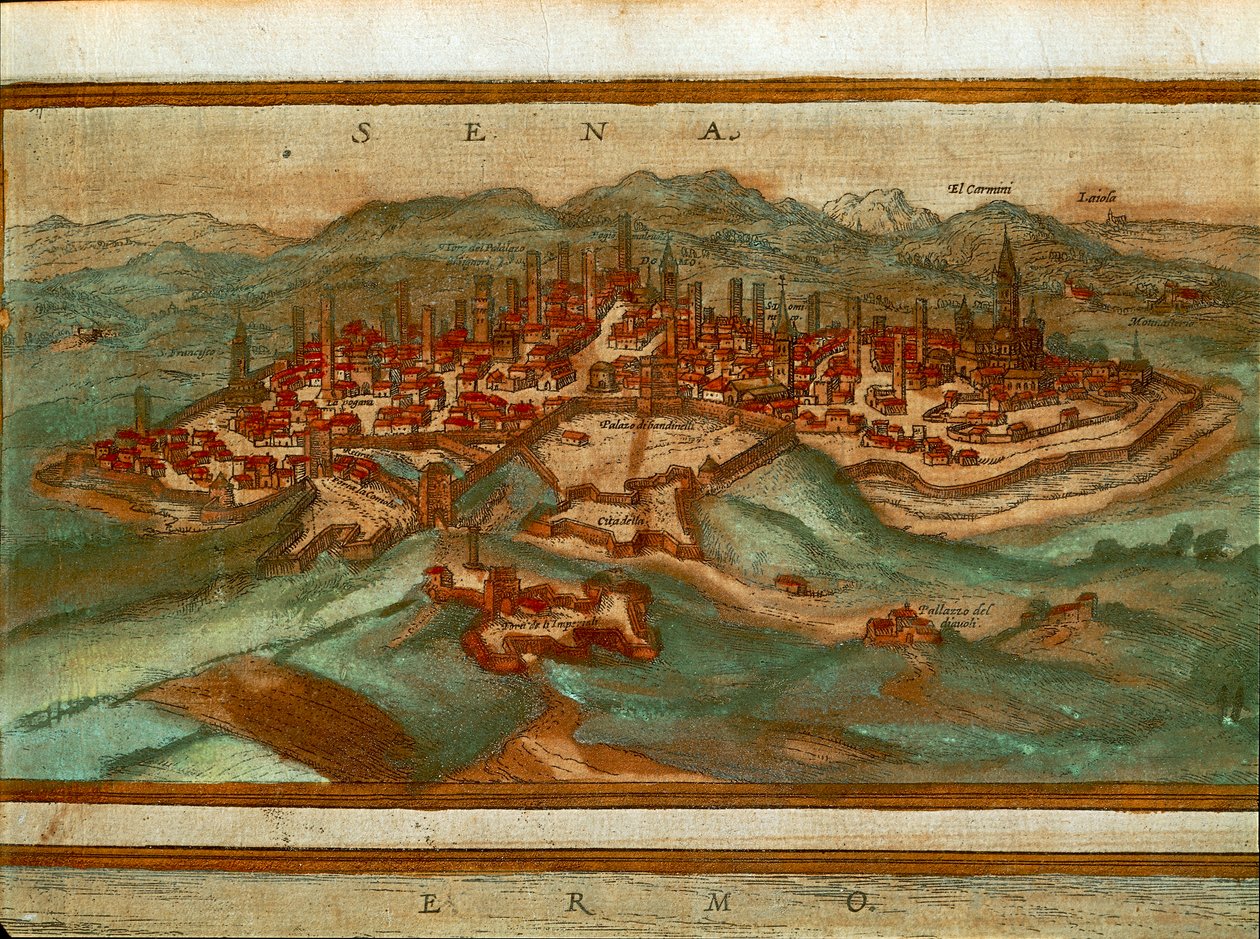 Karte von Siena aus Civitates Orbis Terrarum von Georg Braun von Georg Braun and Hogenberg Franz