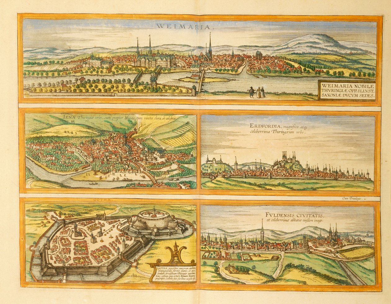 Karte von Weimar, Jena, Erfurt, Gotha und Fulda aus Civitates Orbis Terrarum von Georg Braun and Hogenberg Franz