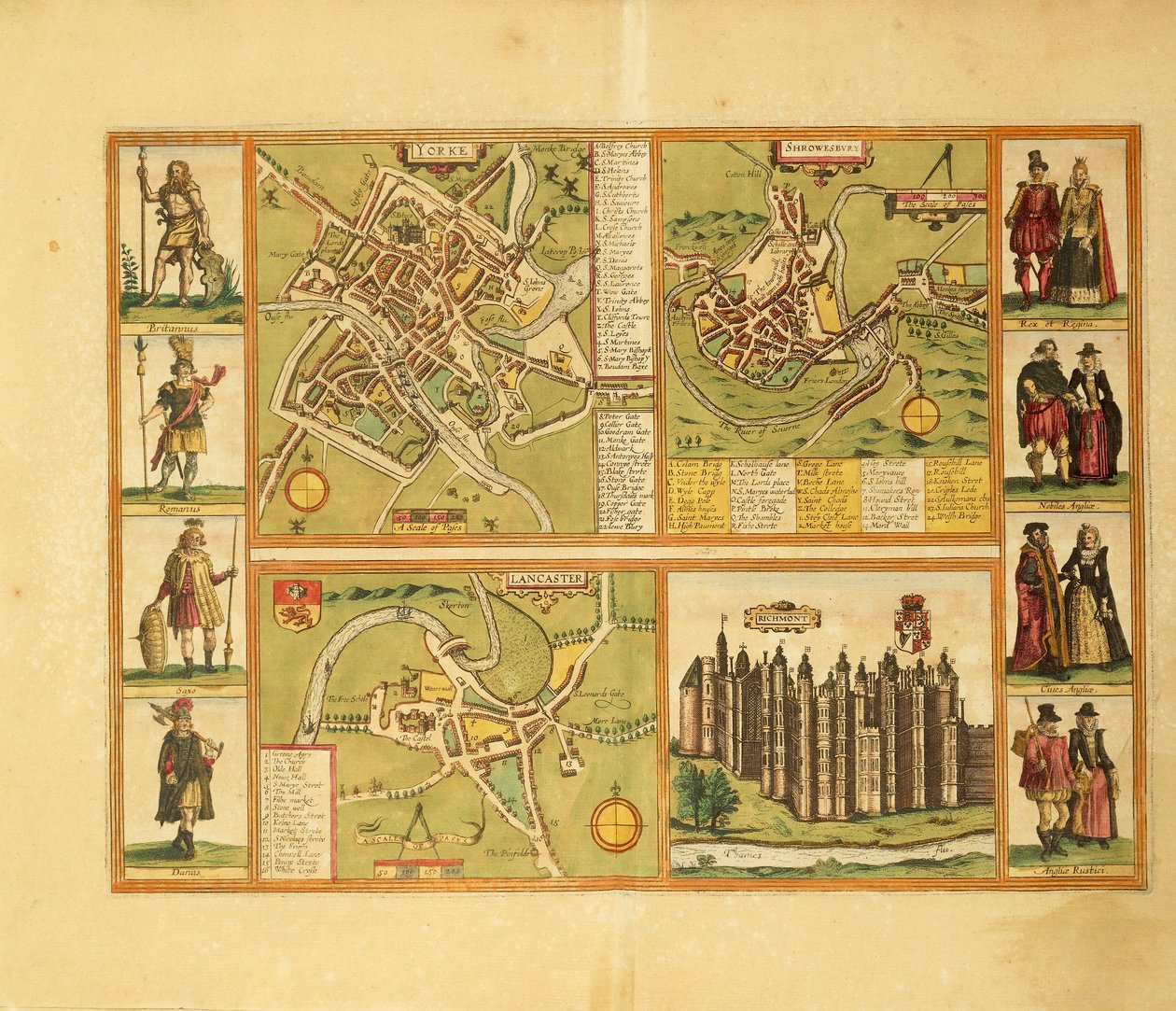 Karte von York, Shrewsbury, Lancaster und Richmond Castle aus Civitates Orbis Terrarum von Georg Braun and Hogenberg Franz