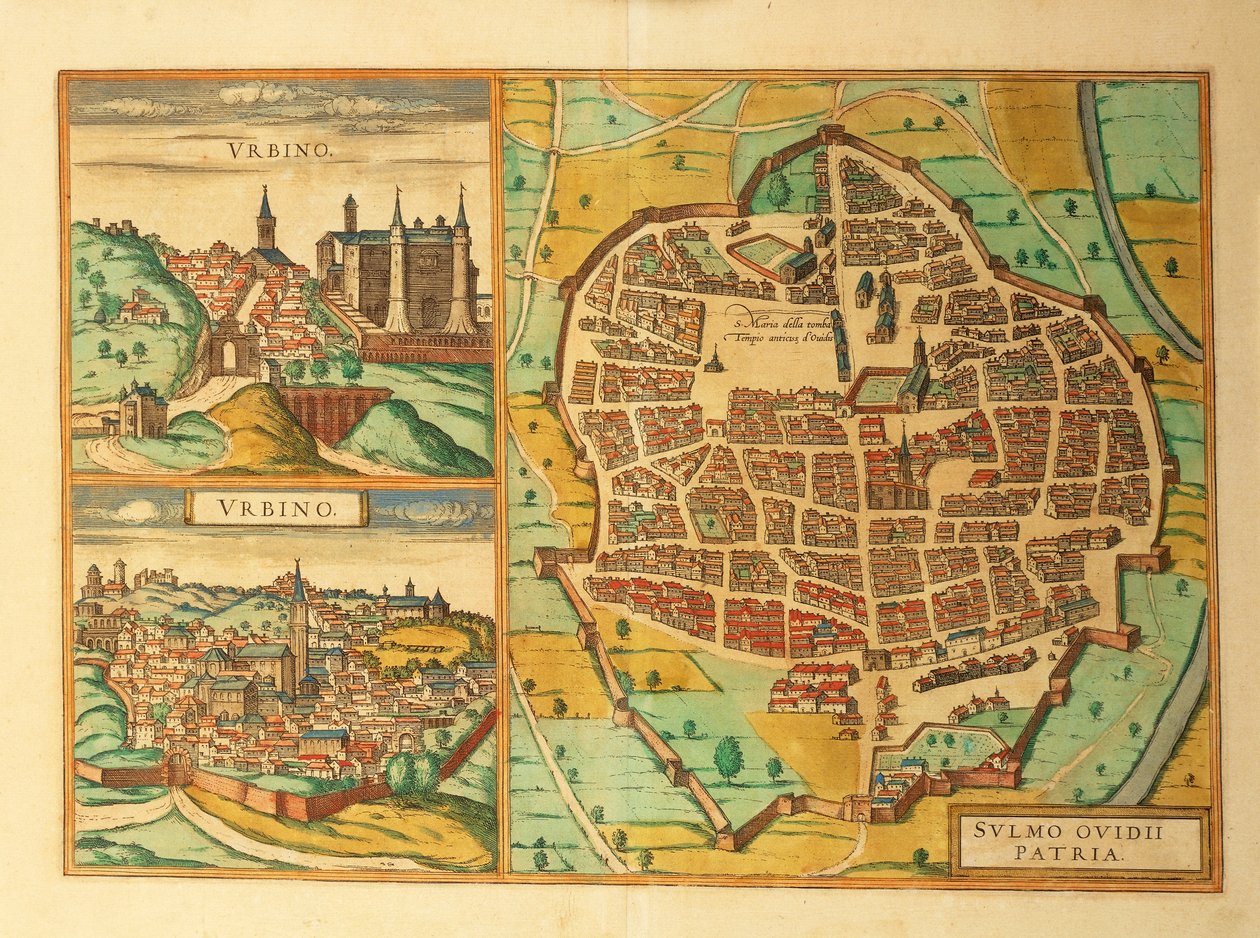 Karten von Urbino und Sulmona, Abruzzen und Marken, Italien, aus Civitates Orbis Terrarum von Georg Braun von Georg Braun and Hogenberg Franz