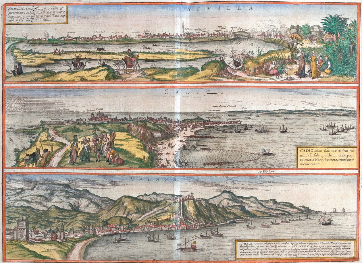 Sevilla, Cádiz, Málaga, Spanien von Georg and Hogenberg Franz (1535 90) Braun