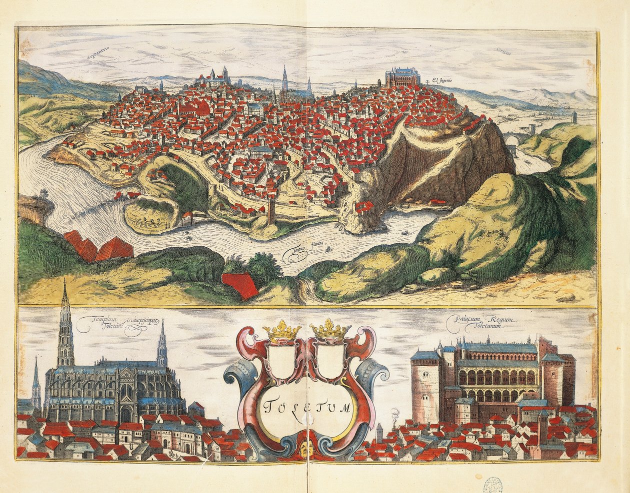 Spanien, Toledo, Stadt Toledo aus Civitates Orbis Terrarum von Georg Braun und Franz Hogenberg, Gravur von Georg Braun and Hogenberg Franz
