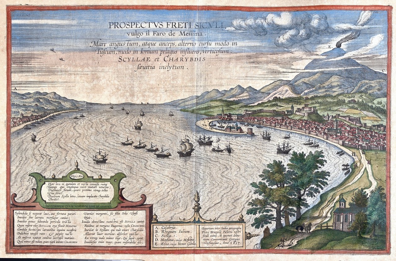 Die Meerenge von Messina, zwischen Sizilien und Kalabrien (Italien) (Stich) von Georg Braun and Hogenberg Franz