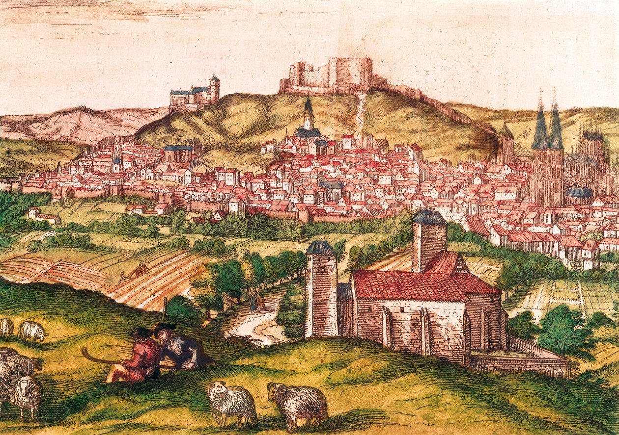 Stadt Burgos in Spanien mit Hirten und Schafherde im Vordergrund (1576) von Georg Braun and Hogenberg Franz