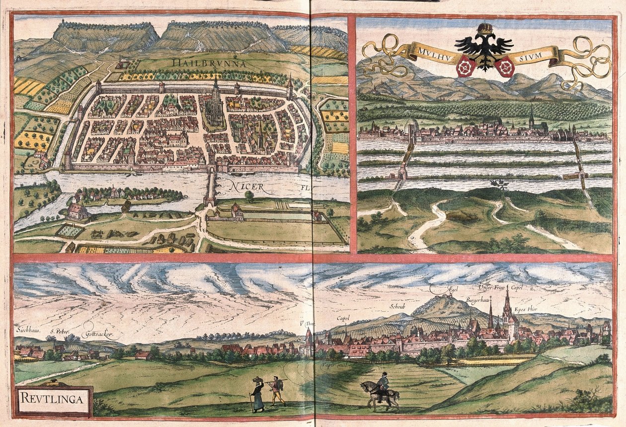 Heilbronn (Deutschland), Mülhausen (Frankreich) und Reutlingen (Deutschland) von Georg Braun and Hogenberg Franz