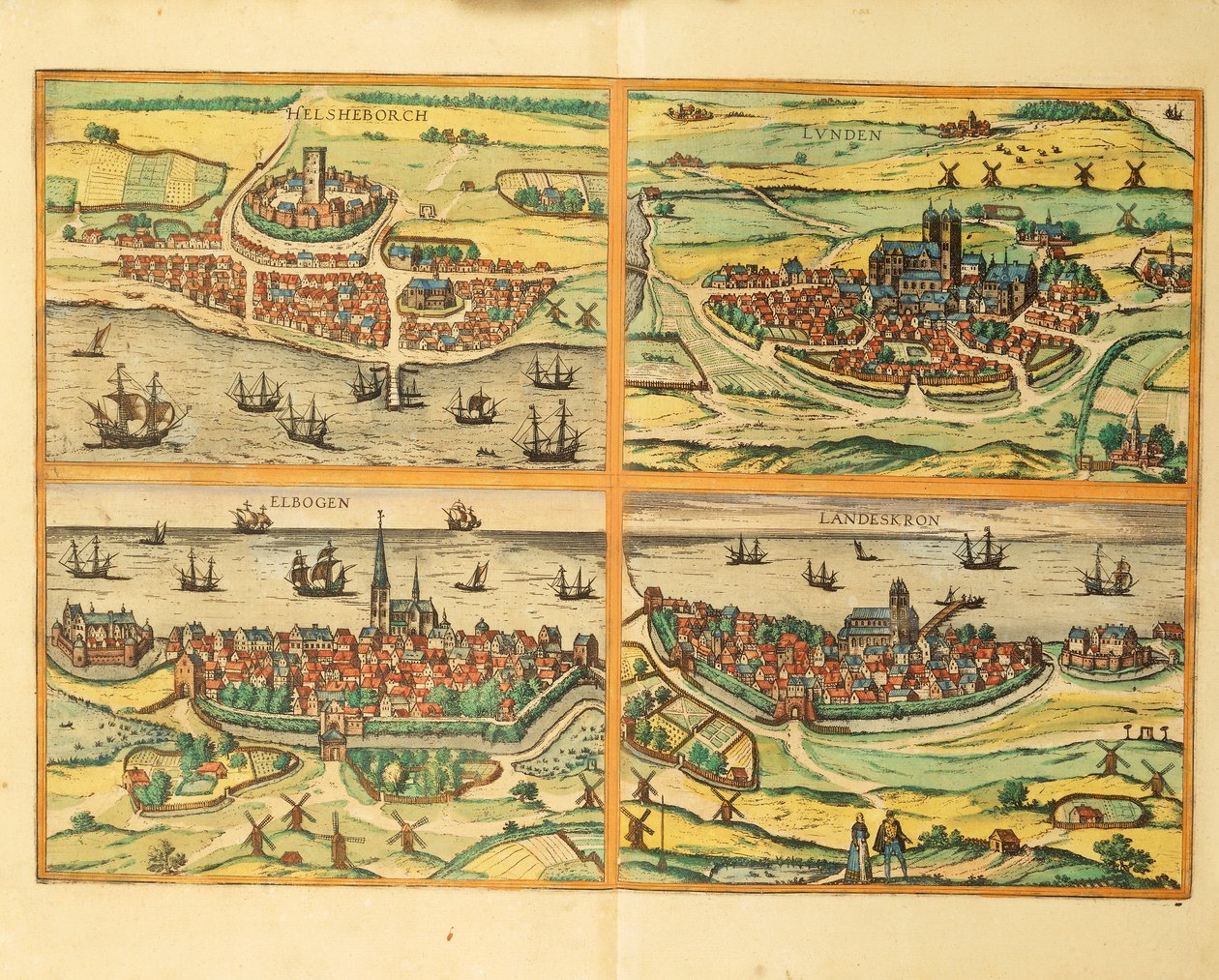 Helsingborg, Lund, Malmö, Elbogen und Landskrona, aus Civitates Orbis Terrarum, Köln von Georg Braun and Hogenberg Franz