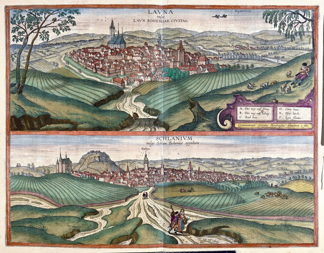 Louny und Slany (Böhmen), Tschechische Republik (Gravur) von Georg Braun and Hogenberg Franz